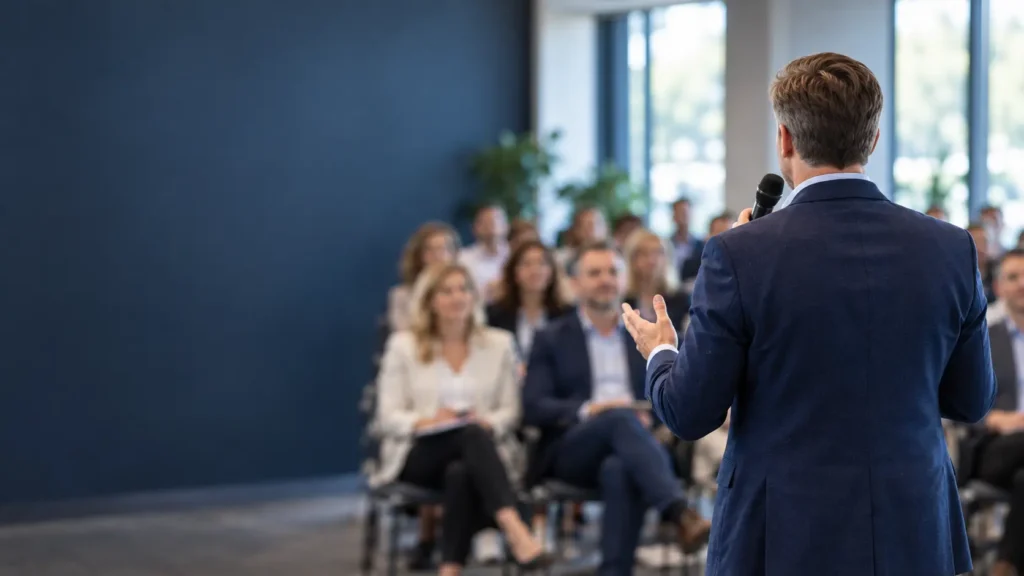 Päevajuht selja tagant vaadatuna juhib mikrofoniga seminari ja pöördub kuulajate poole.